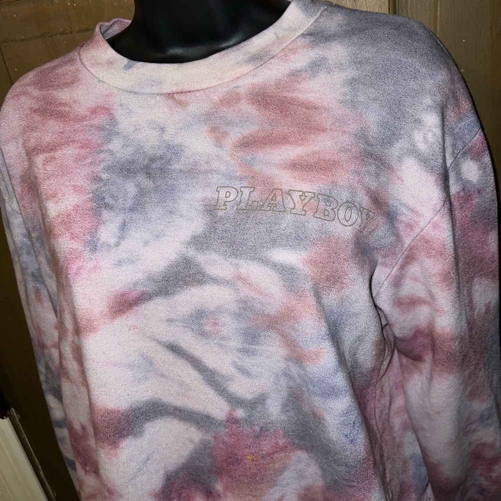 Playboy Gray Pink Tie Dye Crewneck Long Sleeve Cotton Sweatshirt Pullover Size S - Picture 3 of 11